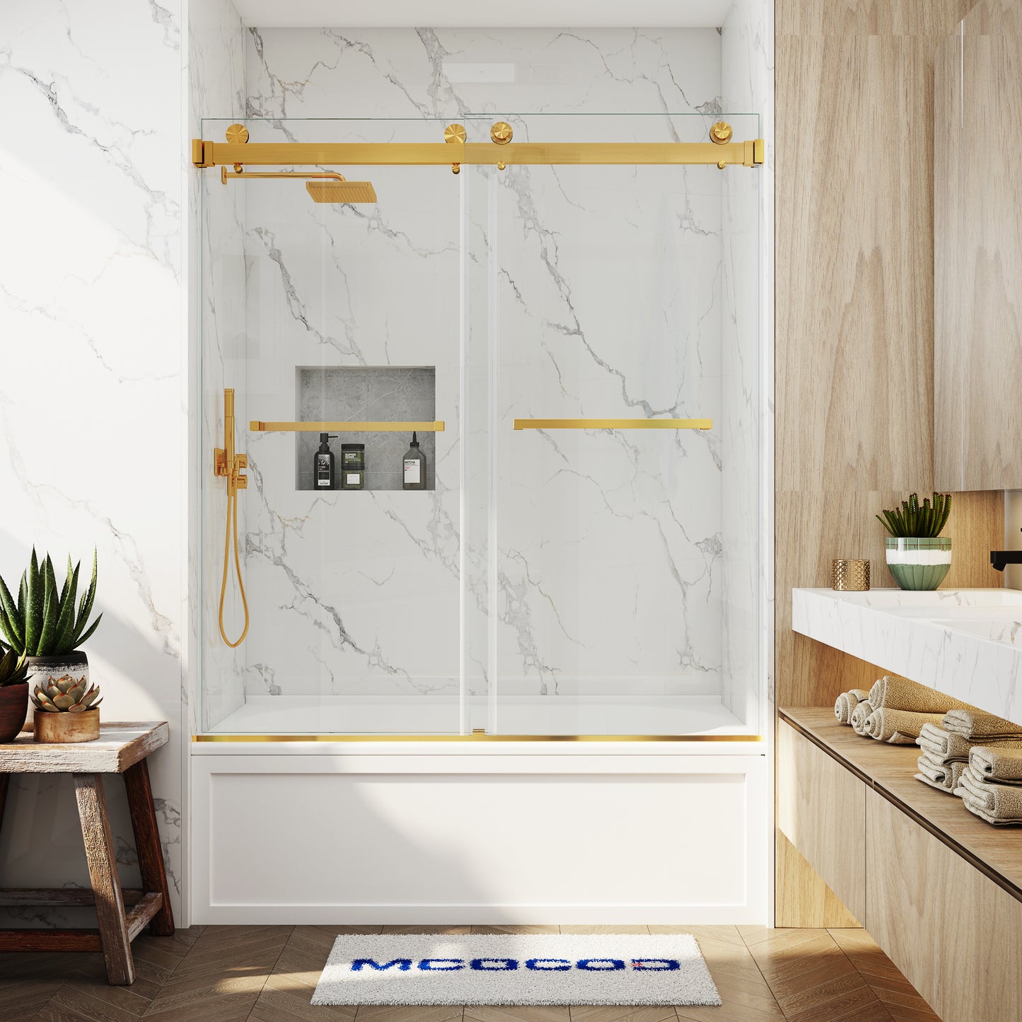 MCOCOD DS01 Double Sliding Bathtub Frameless Glass Shower Door in Brushed Gold