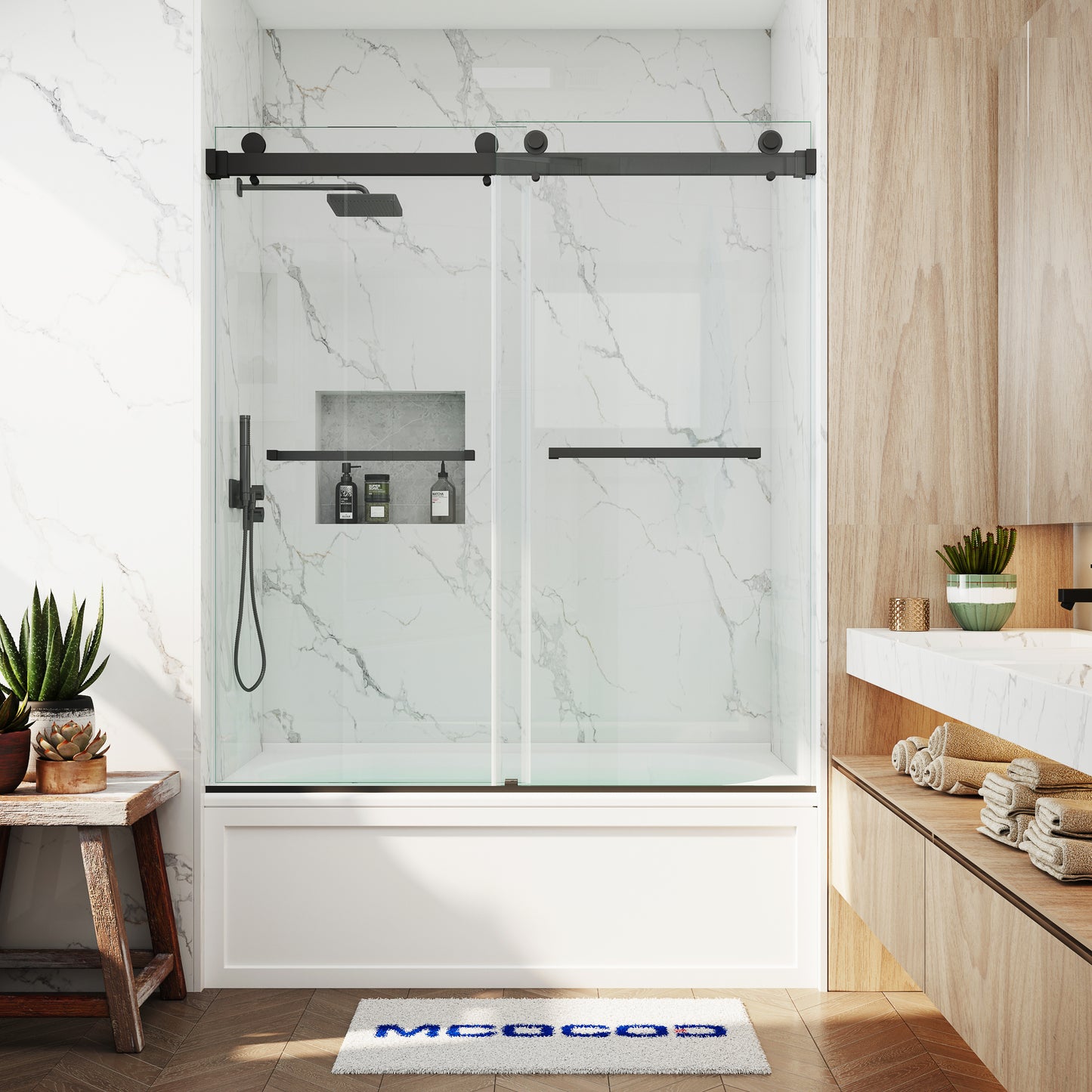 MCOCOD DS01 Double Sliding Frameless Bathtub Shower Door in Matte Black