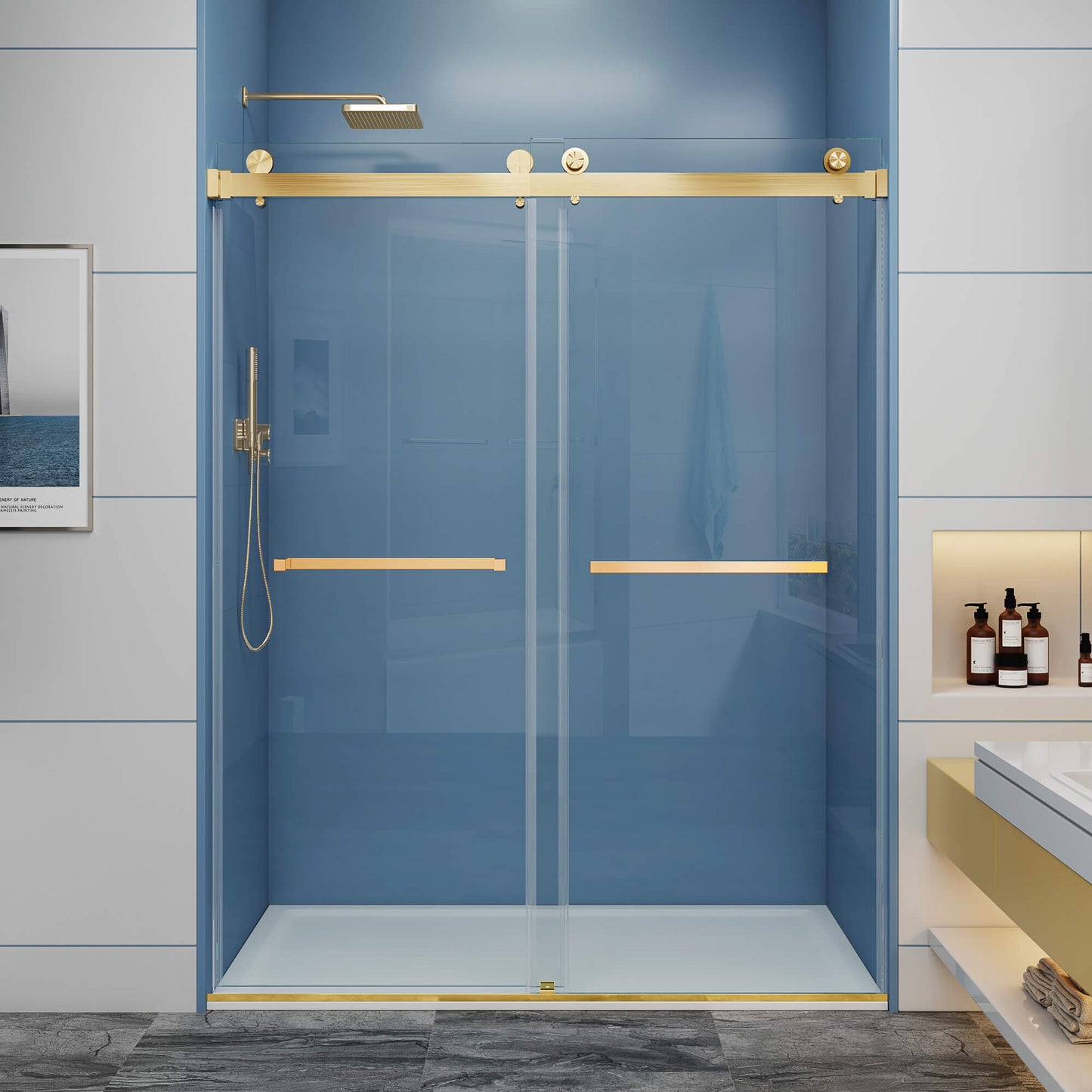 MCOCOD DS01 Double Sliding Frameless Glass Shower Door in Brushed Gold