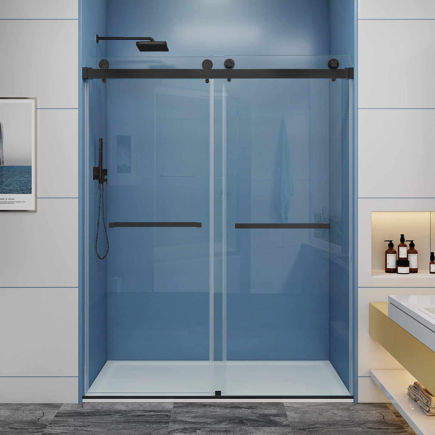 MCOCOD DS01 Double Sliding Frameless Glass Shower Door in Matte Black