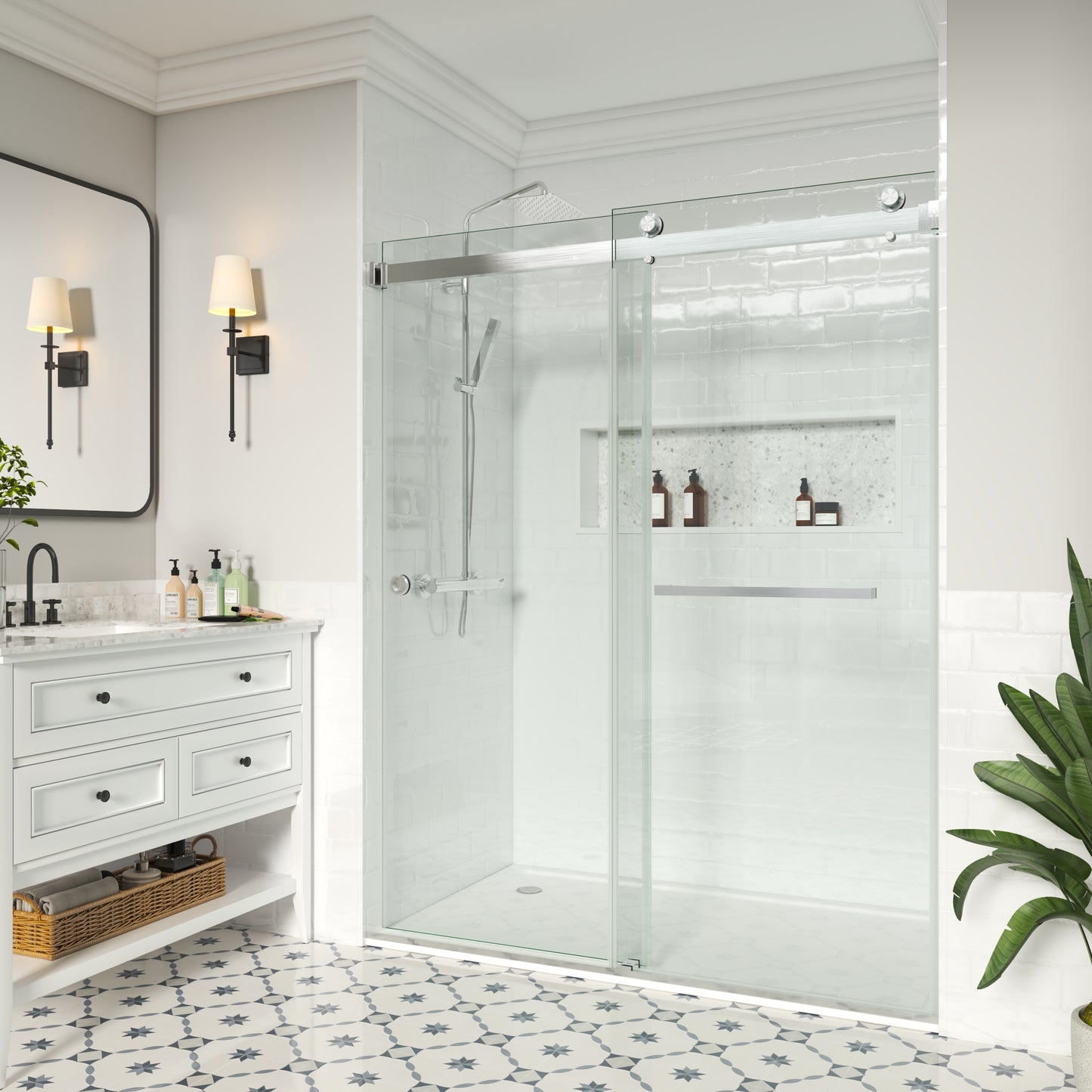MCOCOD® DS02A Double Sliding Frameless Glass Shower Door in Brushed Nickel