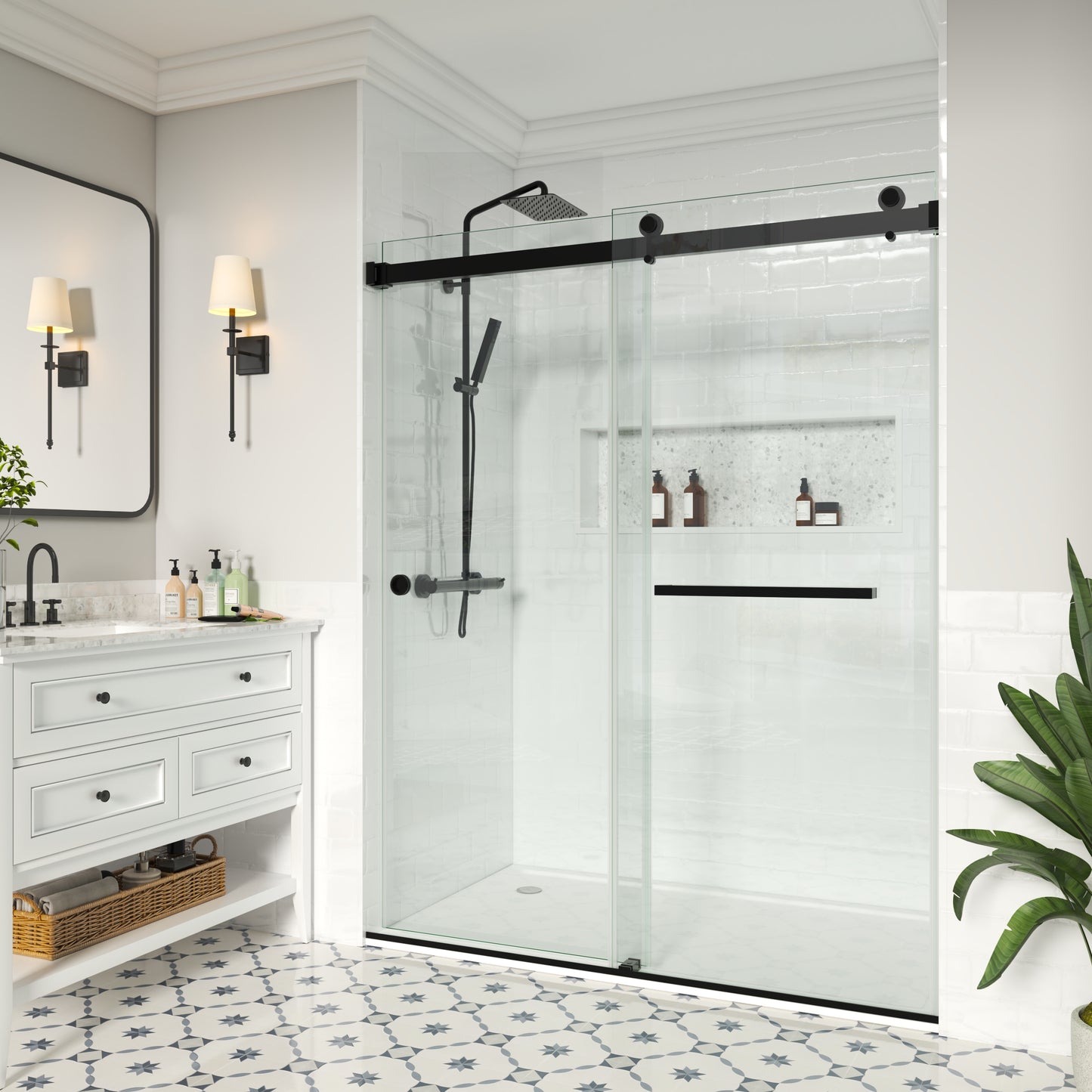 MCOCOD® DS02A Double Sliding Frameless Glass Shower Door in Matte Black