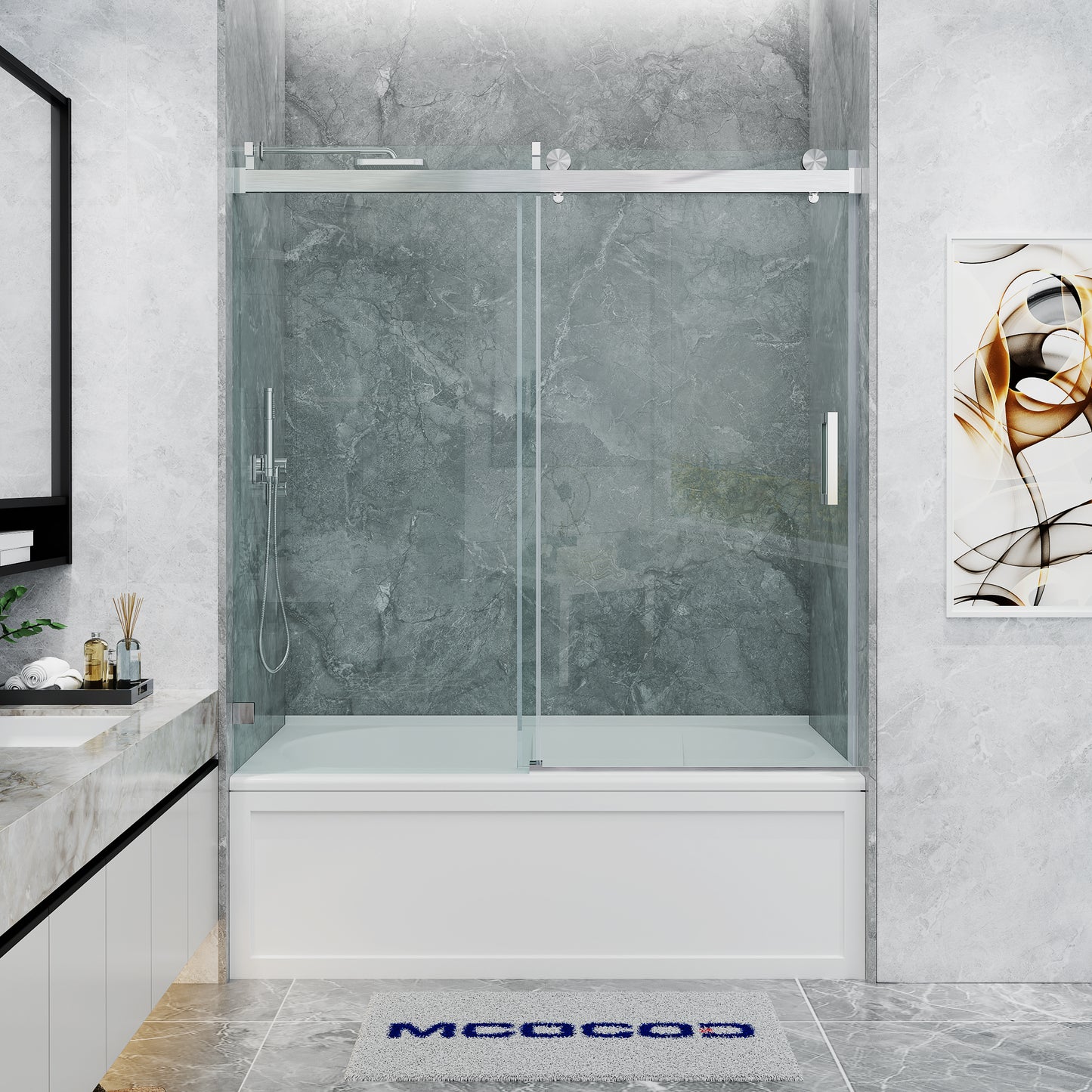 MCOCOD SS08 Soft-Closing Single Sliding Frameless Bathtub Shower Door in Brushed Nickel