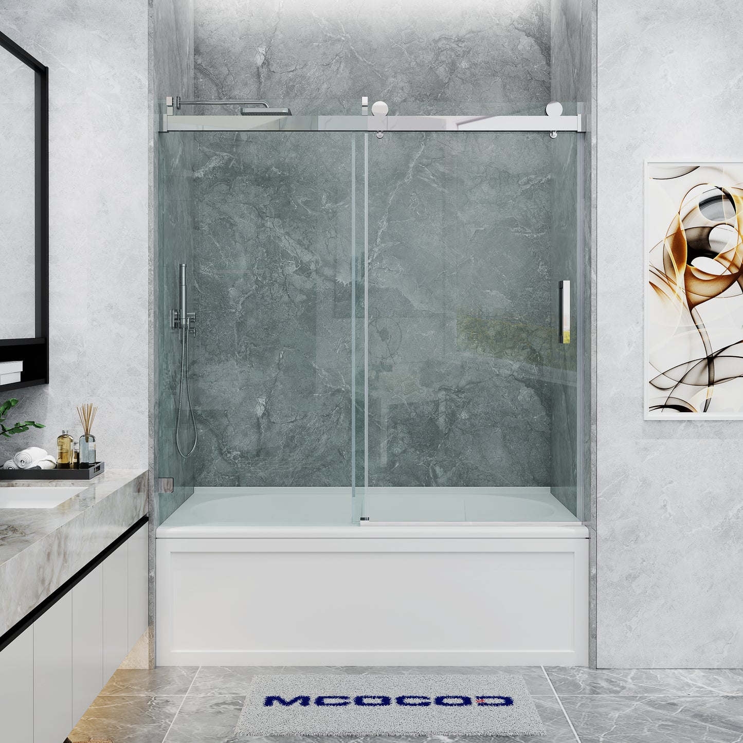 MCOCOD SS08 Soft-Closing Single Sliding Frameless Bathtub Shower Door in Chrome