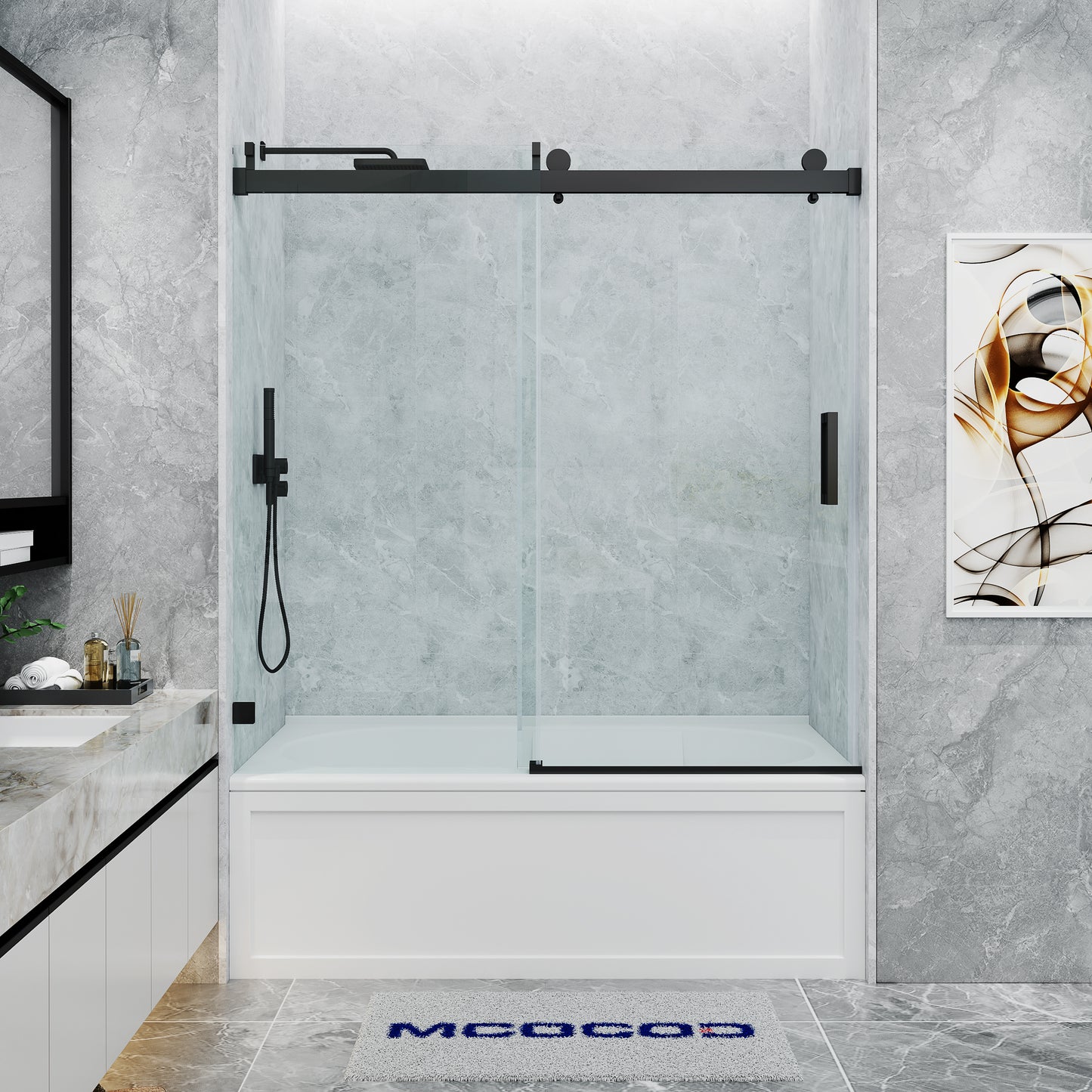 MCOCOD SS08 Soft-Closing Single Sliding Frameless Bathtub Shower Door in Matte Black