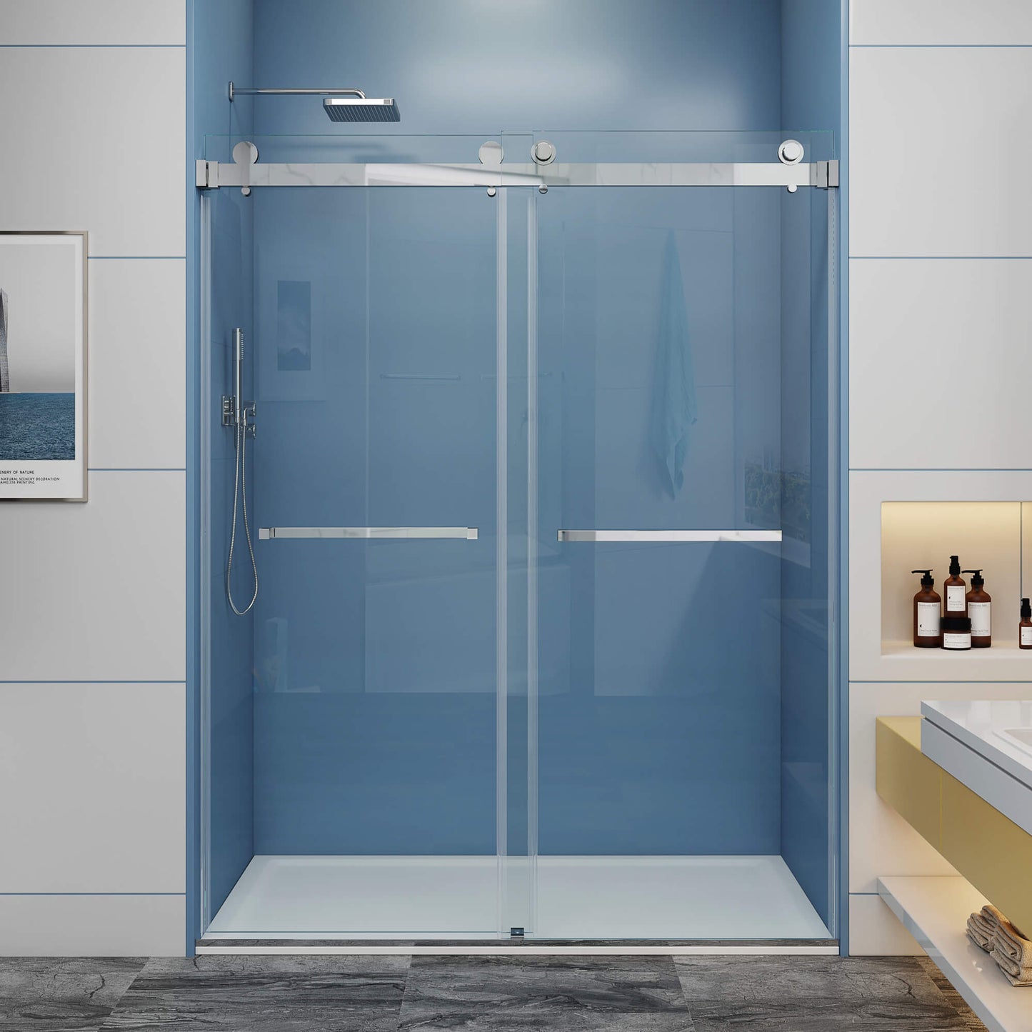 MCOCOD DS01 Double Sliding Frameless Glass Shower Door in Chrome