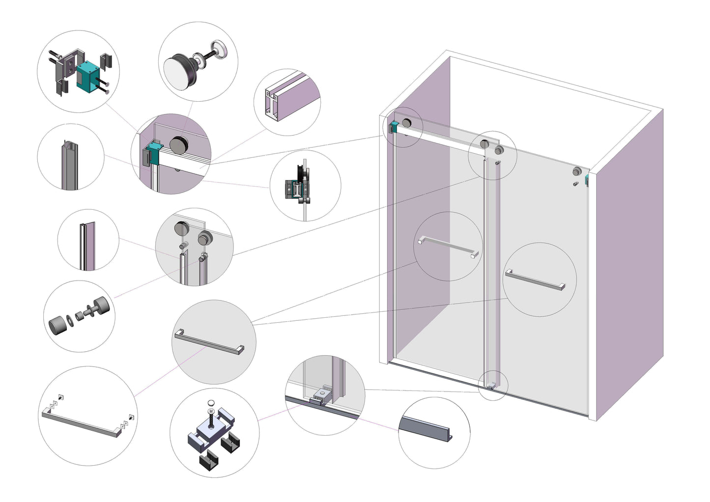 MCOCOD DS01 Double Sliding Frameless Glass Shower Door - Complete Set of Hardware Accessories