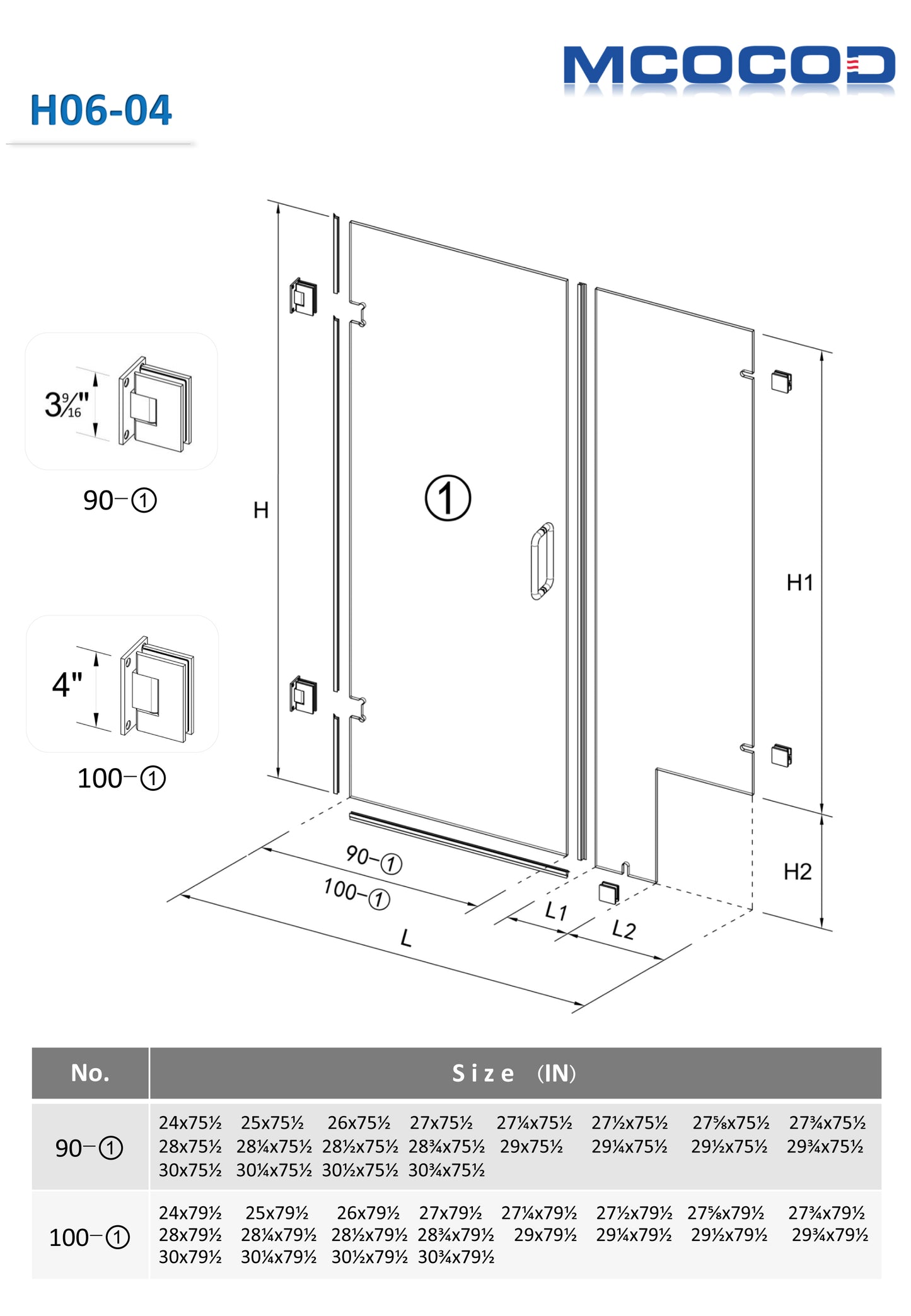 MCOCOD H06-04 Customize Frameless Hinged Swing Glass Shower Door