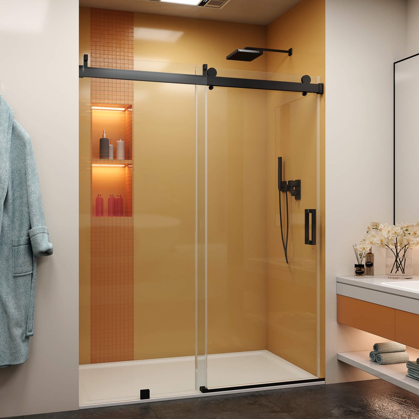 MCOCOD SS08 Soft-Closing Single Sliding Frameless Glass Shower Door in Matte Black