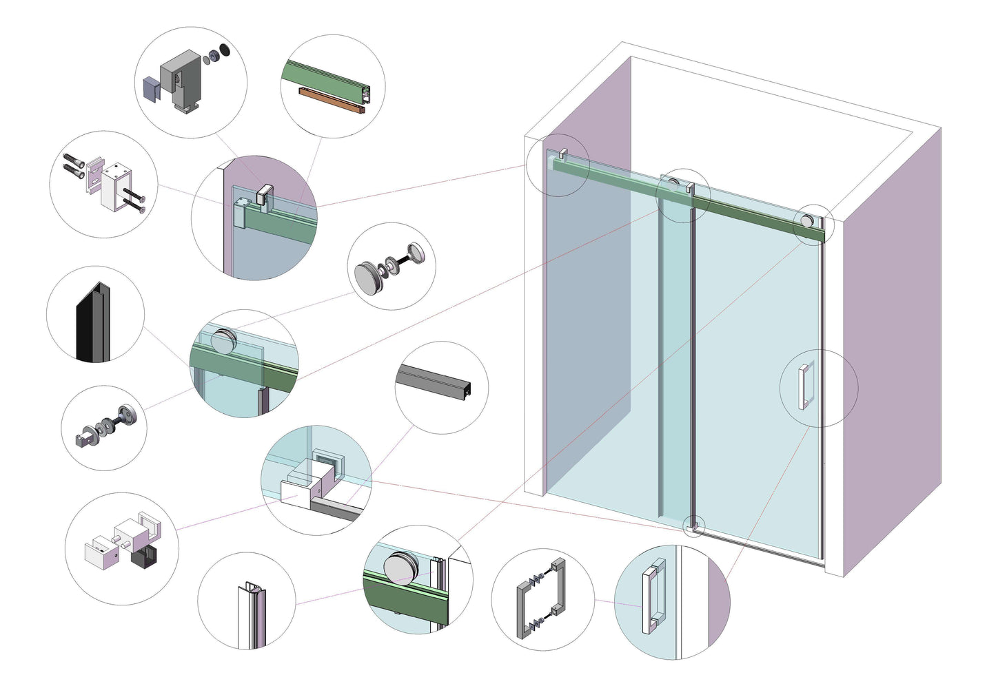 MCOCOD SS08 Soft-Closing Single Sliding Frameless Shower Door - Complete Set of Hardware Accessories