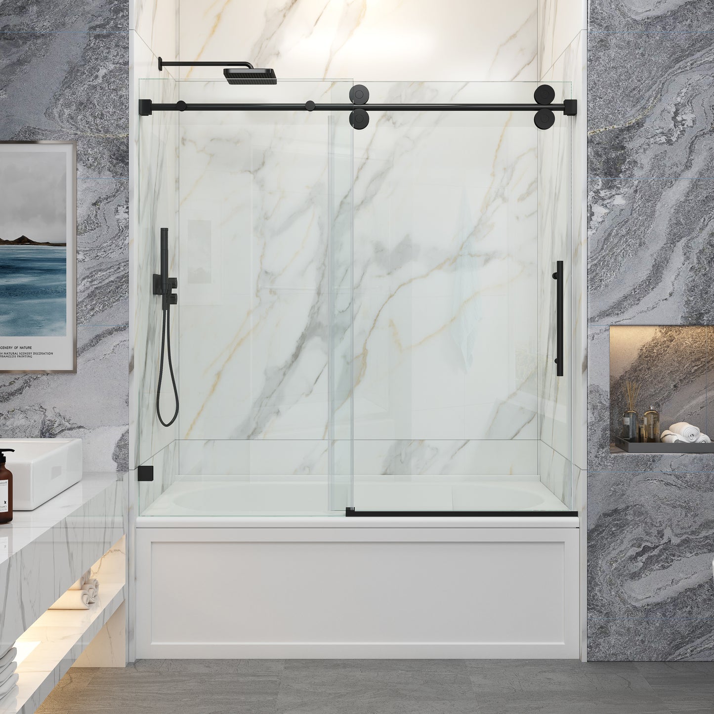 MCOCOD SS04 Single Sliding Frameless Bathtub Shower Door in Matte Black 