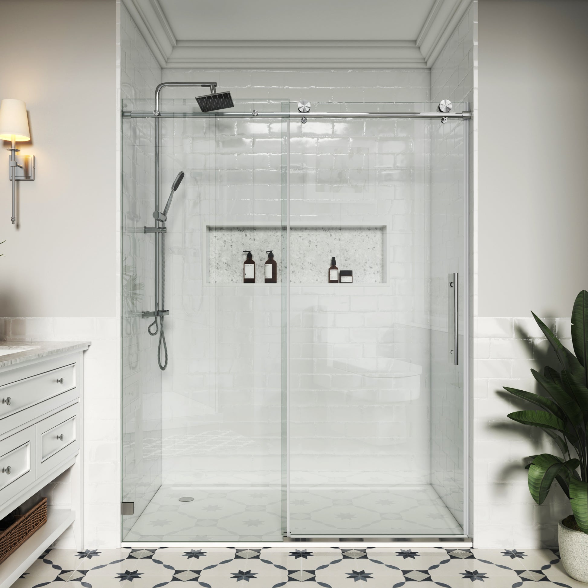 MCOCOD® SS14 Soft-Closing Single Sliding Glass Shower Door in Brushed Nickel