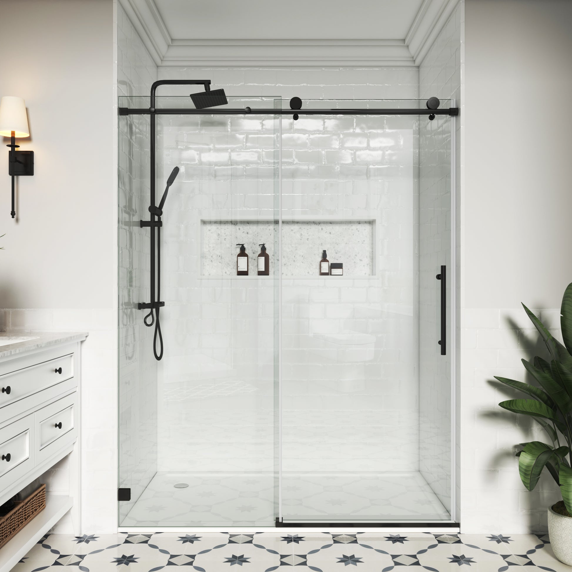 MCOCOD® SS14 Soft-Closing Single Sliding Glass Shower Door in Matte Black