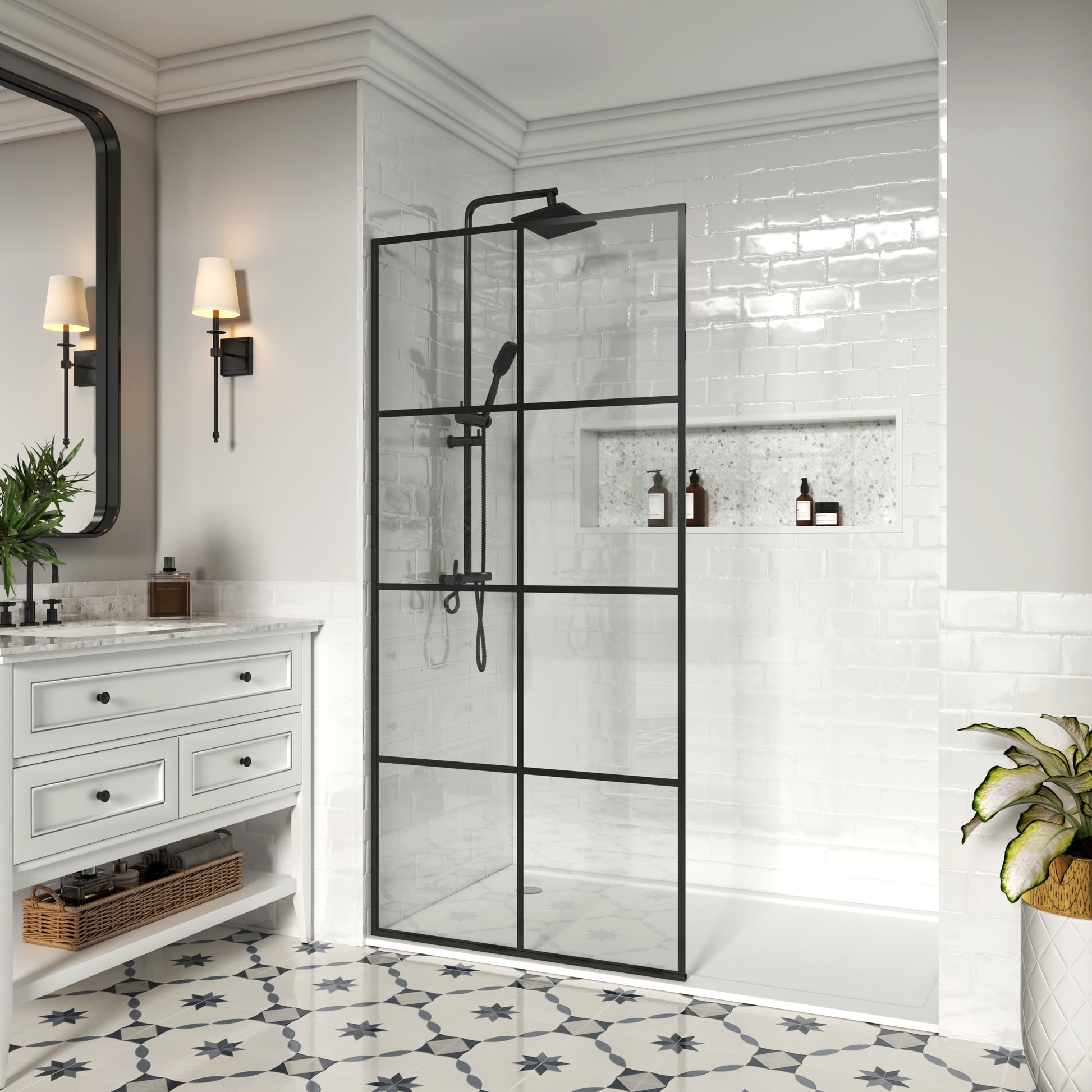 MCOCOD W01C Fixed Single Panel Frameless Shower Door Shower Screen in Matte Black Grid