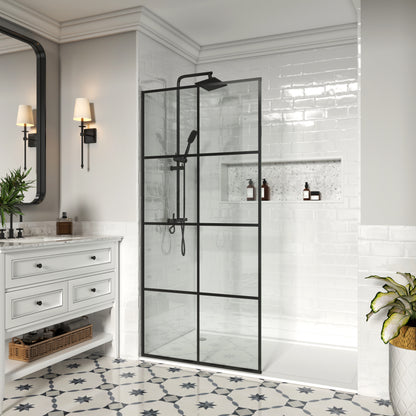 MCOCOD W01C Fixed Single Panel Frameless Shower Door Shower Screen in Matte Black Grid