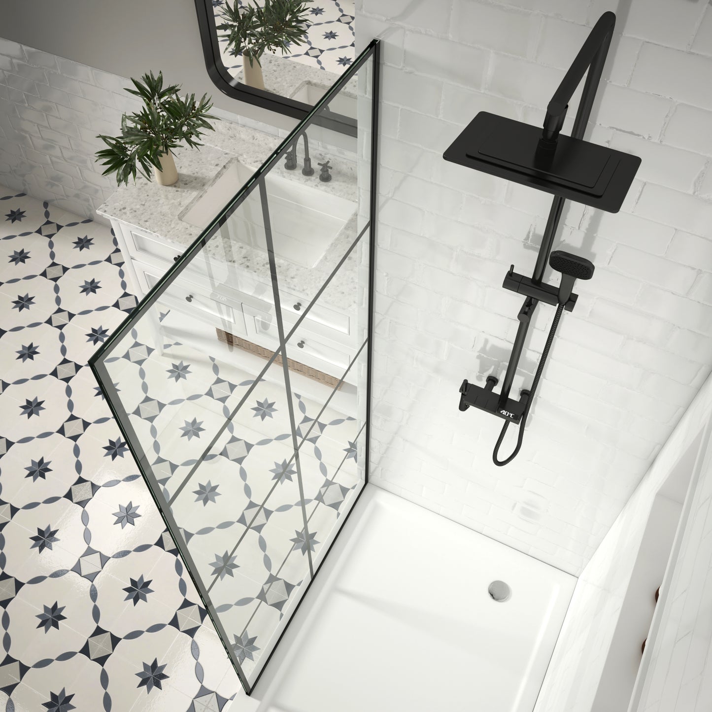 MCOCOD W01C Fixed Single Panel Frameless Shower Door Shower Screen in Matte Black Grid Easy-Clean 3/8" Tempered Glass