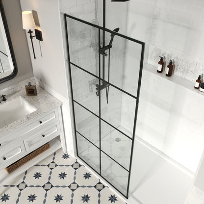 MCOCOD W01C Fixed Single Panel Frameless Shower Door Shower Screen in Matte Black Grid with Easy-Clean 10mm Glass