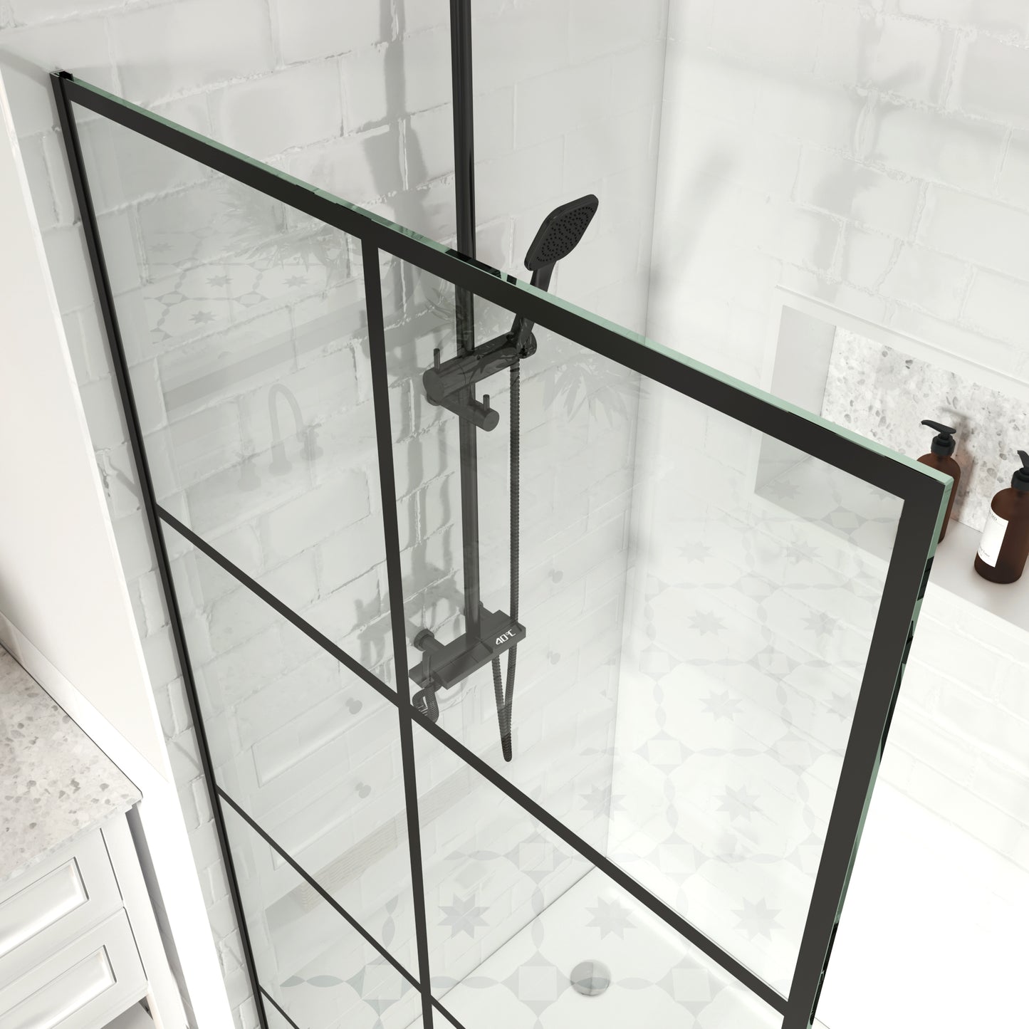 MCOCOD W01C Fixed Single Panel Frameless Shower Door Shower Screen in Matte Black Grid with Easy-Clean 3/8" Tempered Glass