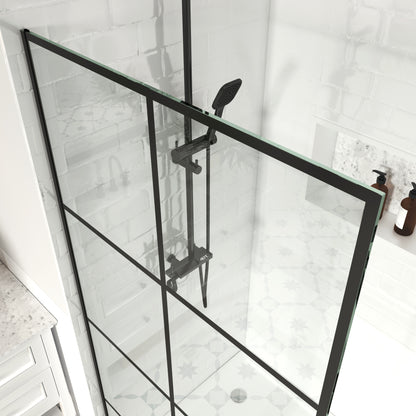 MCOCOD W01C Fixed Single Panel Frameless Shower Door Shower Screen in Matte Black Grid with Easy-Clean 3/8" Tempered Glass