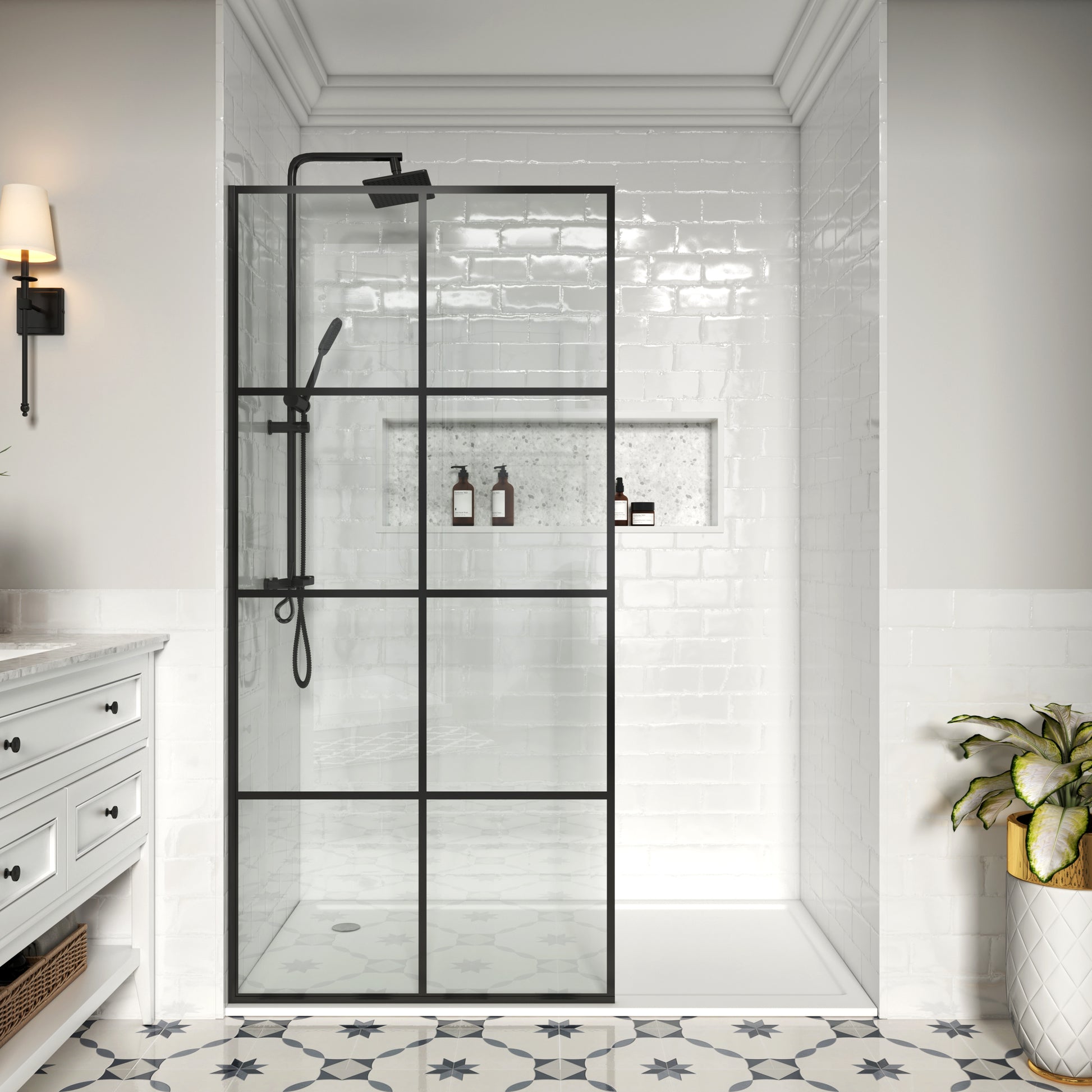 MCOCOD W01C French Fixed Screen Shower Door in Matte Black with Grid Glass