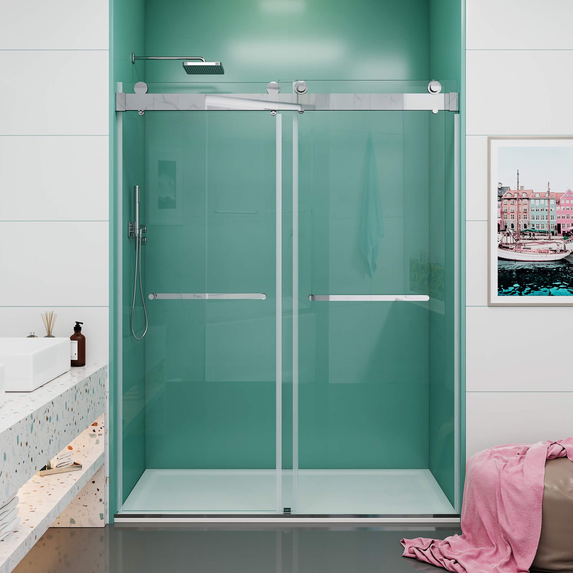 MCOCOD DS13 Soft-Closing Double Sliding Frameless Shower Door in Chrome
