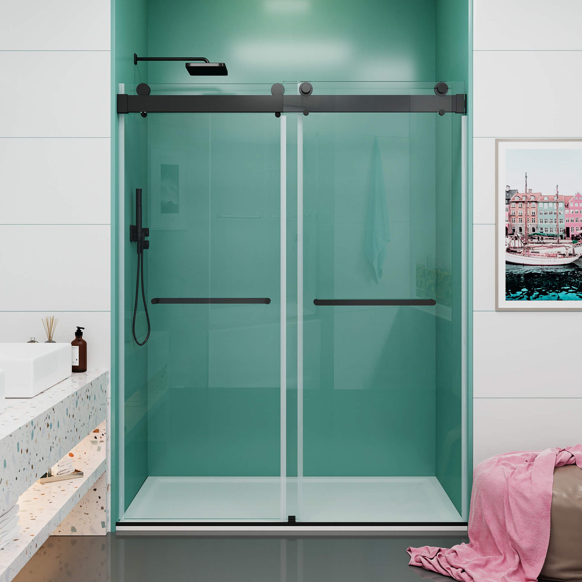 MCOCOD DS13 Soft-Closing Double Sliding Frameless Glass Shower Door in Matte Black