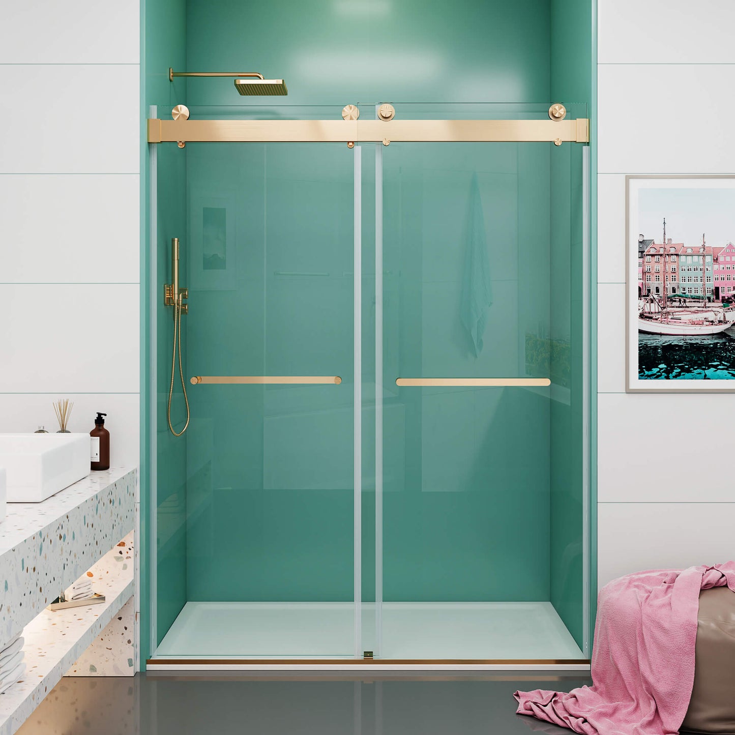 MCOCOD DS13 Soft-Closing Double Sliding Frameless Glass Shower Door with Brushed Gold