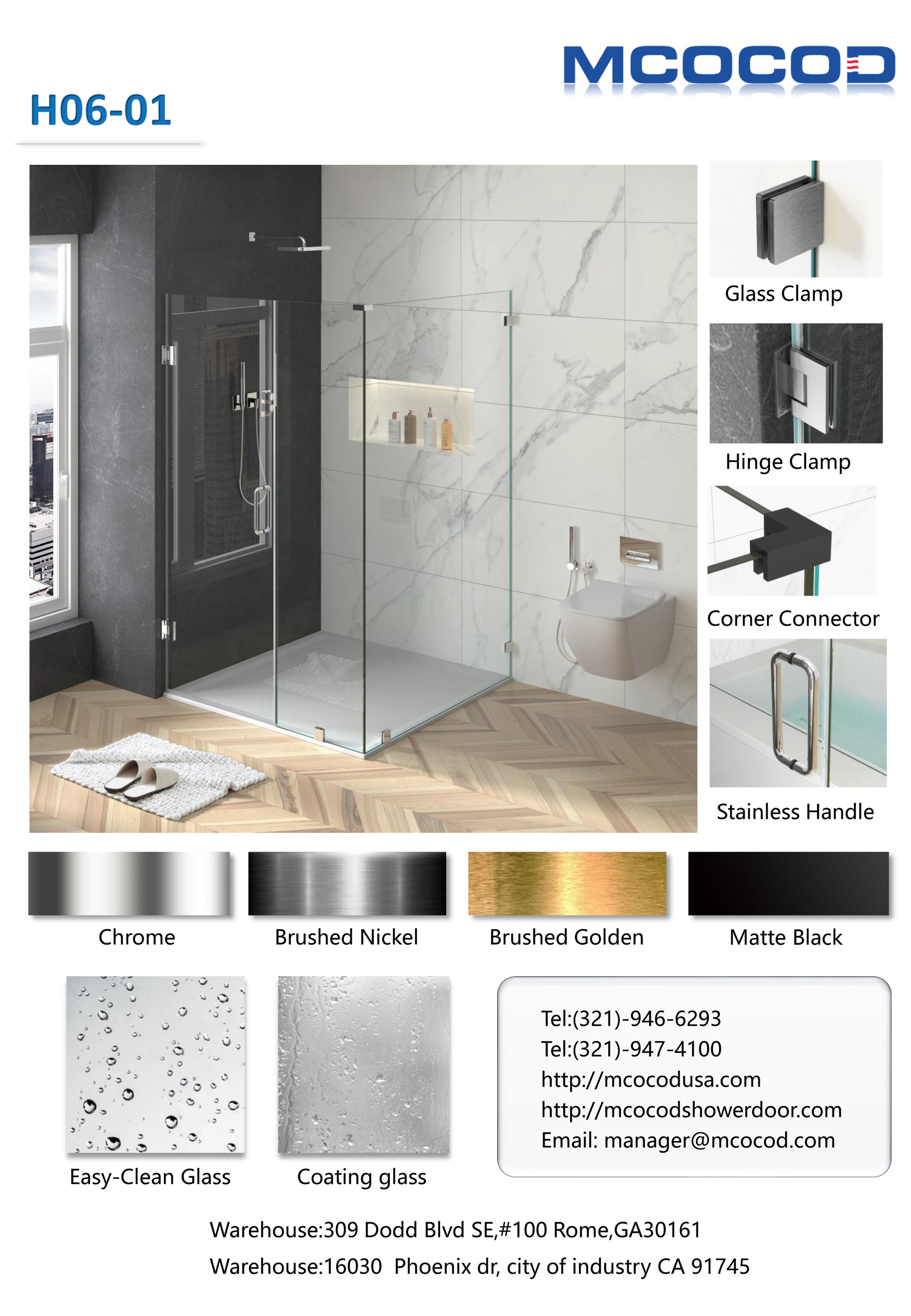 MCOCOD H06-01 Customize Frameless Rectangle Shower Enclosure with Glass Clamp, Hinge Clamp, Corner Connector, Stainless Handle