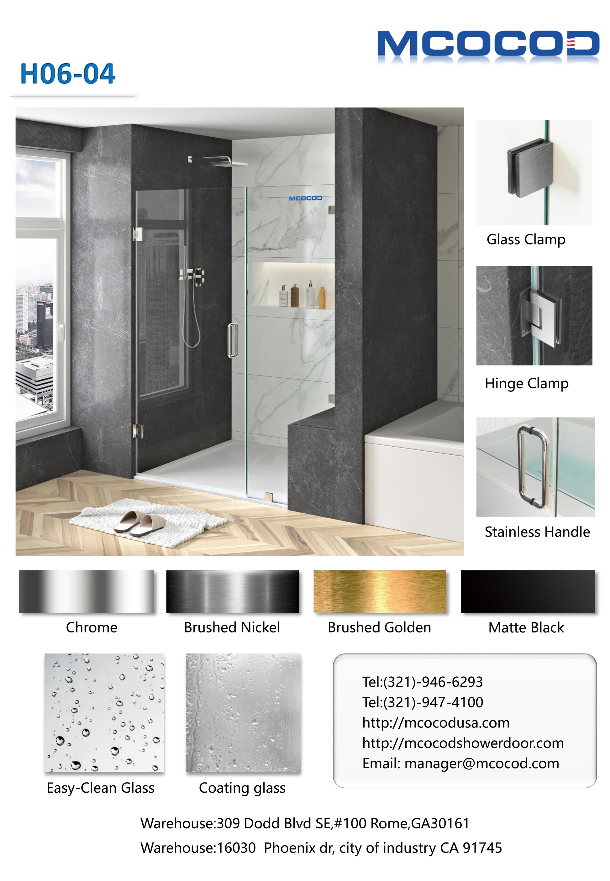 MCOCOD H06-04 Customize Frameless Hinged Swing Glass Shower Door with Glass Clamp, Hinge Clamp, Corner Connector, Stainless Handle