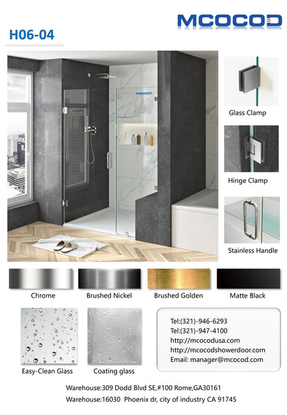 MCOCOD H06-04 Customize Frameless Hinged Swing Glass Shower Door with Glass Clamp, Hinge Clamp, Corner Connector, Stainless Handle