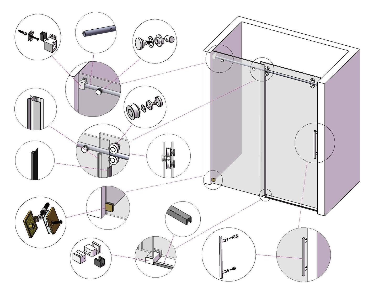MCOCOD SS04 Single Sliding Frameless Shower Door, Complete Set of Hardware Accessories