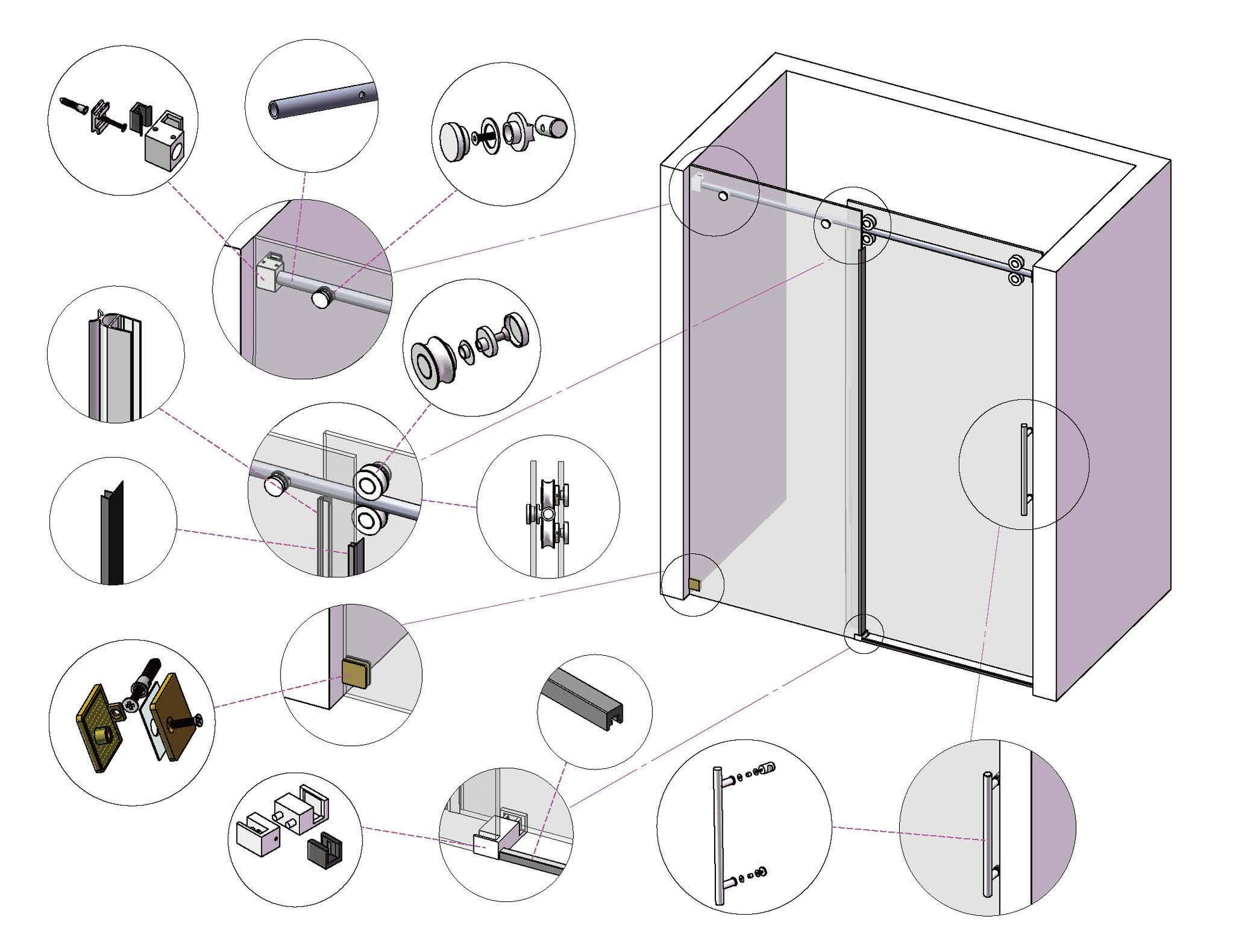 MCOCOD SS04 Single Sliding Frameless Shower Door, Complete Set of Hardware Accessories
