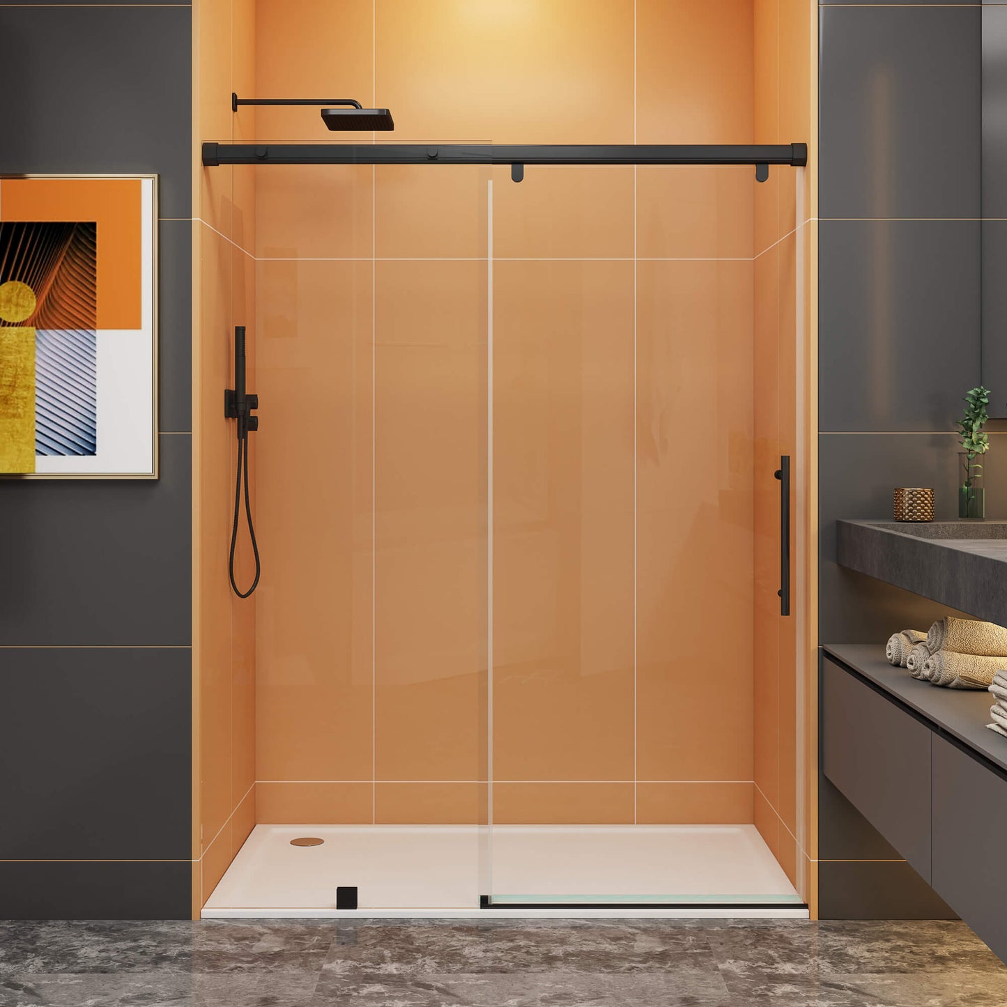MCOCOD SS12 Soft-Closing Single Sliding Frameless Glass Shower Door in Matte Black